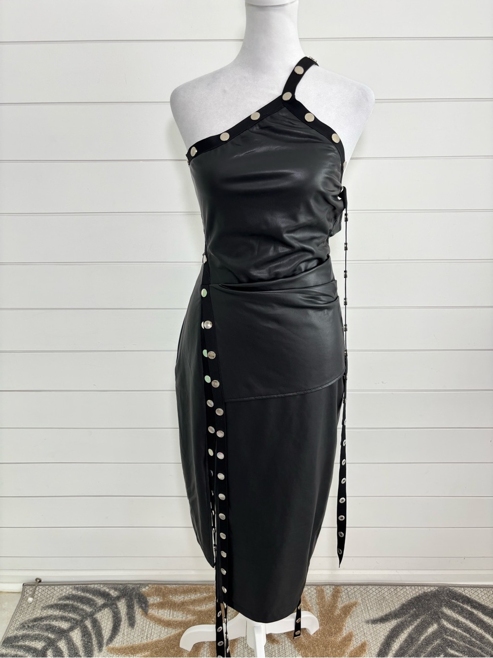 AKIRA Body cone Black One-Shoulder Faux Leather Dress with Stud Trim Size L  NEW